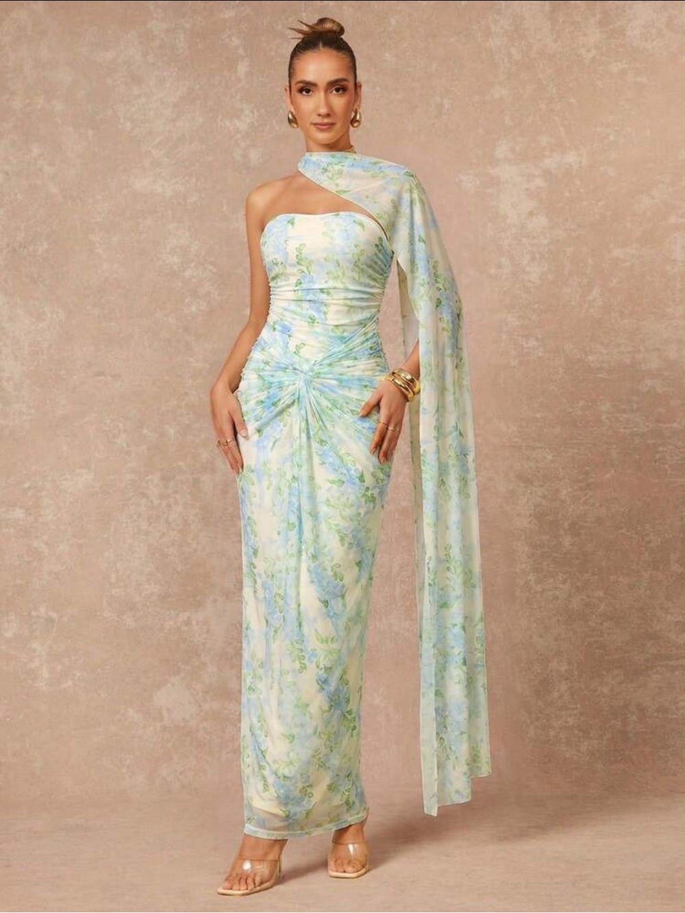 SHEIN Pastel Blue & Green Floral One-Shoulder Maxi Dress